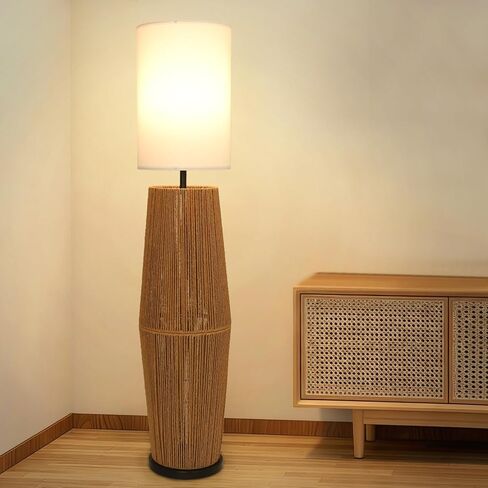 مصباح أرضي من Airposta Boho Rattan مع غطاء من الكتان، مصابيح أرضية المزرعة الحديثة لغرفة المعيشة، مصباح عمودي للمصابيح الدائمة العتيقة، مصباح صناعي طويل القامة لغرفة النوم والمكتب والقراءة in Kuwait