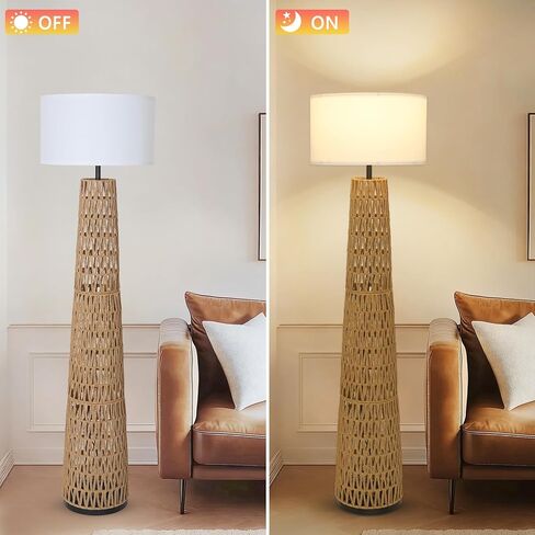مصباح أرضي من Airposta Boho Rattan مع غطاء من الكتان، مصابيح أرضية المزرعة الحديثة لغرفة المعيشة، مصباح عمودي للمصابيح الدائمة العتيقة، مصباح صناعي طويل القامة لغرفة النوم والمكتب والقراءة in Kuwait