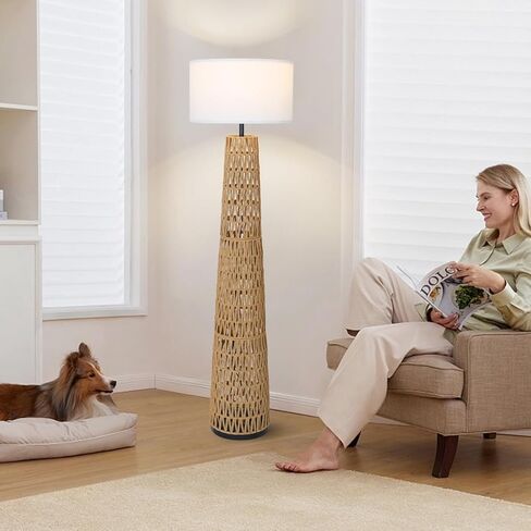 مصباح أرضي من Airposta Boho Rattan مع غطاء من الكتان، مصابيح أرضية المزرعة الحديثة لغرفة المعيشة، مصباح عمودي للمصابيح الدائمة العتيقة، مصباح صناعي طويل القامة لغرفة النوم والمكتب والقراءة in Kuwait