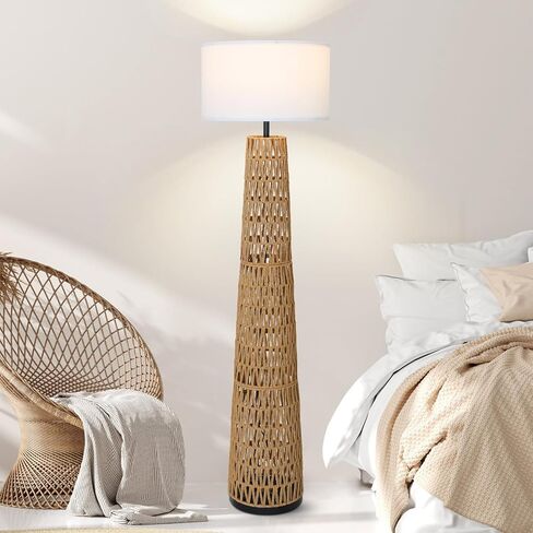 مصباح أرضي من Airposta Boho Rattan مع غطاء من الكتان، مصابيح أرضية المزرعة الحديثة لغرفة المعيشة، مصباح عمودي للمصابيح الدائمة العتيقة، مصباح صناعي طويل القامة لغرفة النوم والمكتب والقراءة in Kuwait