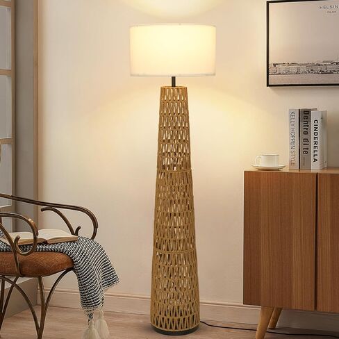 مصباح أرضي من Airposta Boho Rattan مع غطاء من الكتان، مصابيح أرضية المزرعة الحديثة لغرفة المعيشة، مصباح عمودي للمصابيح الدائمة العتيقة، مصباح صناعي طويل القامة لغرفة النوم والمكتب والقراءة in Kuwait
