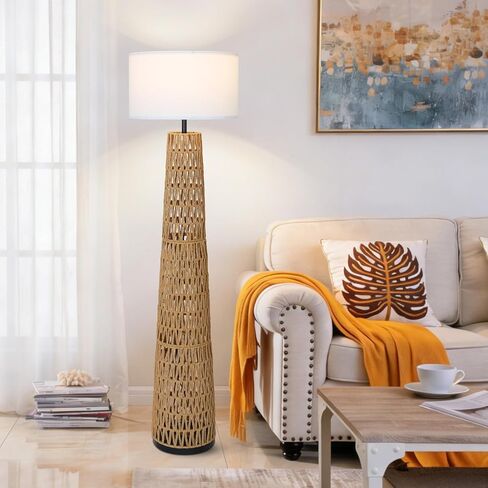 مصباح أرضي من Airposta Boho Rattan مع غطاء من الكتان، مصابيح أرضية المزرعة الحديثة لغرفة المعيشة، مصباح عمودي للمصابيح الدائمة العتيقة، مصباح صناعي طويل القامة لغرفة النوم والمكتب والقراءة in Kuwait