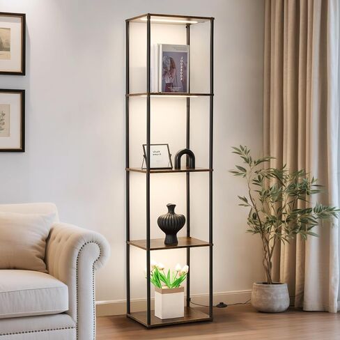 Tall Display Shelf with Lights, Dimmable LED Display Cases for Collectibles, Curio Cabinet with Adjustable Color Temperature, 5-Tier Corner Bookshef with Light, Floor Lamp with Shelves for Living room in Saudi Arabia