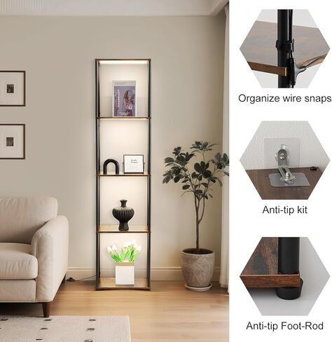 Tall Display Shelf with Lights, Dimmable LED Display Cases for Collectibles, Curio Cabinet with Adjustable Color Temperature, 5-Tier Corner Bookshef with Light, Floor Lamp with Shelves for Living room in Saudi Arabia