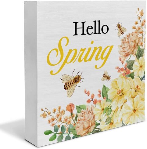 Country Farmhouse Spring Flowers Wood Box Sign Decor Desk Sign Floral Tulips Hello Spring Quote Wooden Box Block Sign Home Desk Shelf Décor in Saudi Arabia