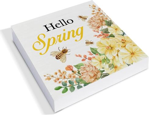 Country Farmhouse Spring Flowers Wood Box Sign Decor Desk Sign Floral Tulips Hello Spring Quote Wooden Box Block Sign Home Desk Shelf Décor in Saudi Arabia