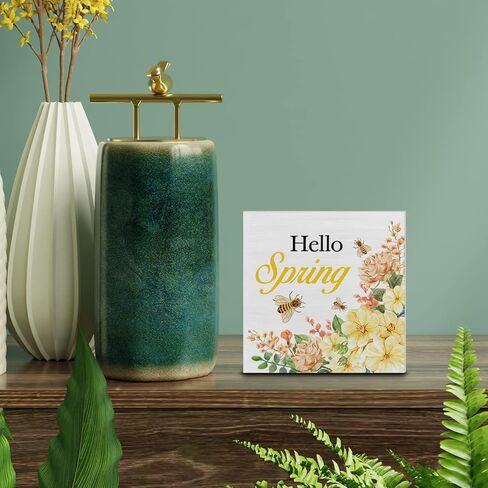 Country Farmhouse Spring Flowers Wood Box Sign Decor Desk Sign Floral Tulips Hello Spring Quote Wooden Box Block Sign Home Desk Shelf Décor in Saudi Arabia