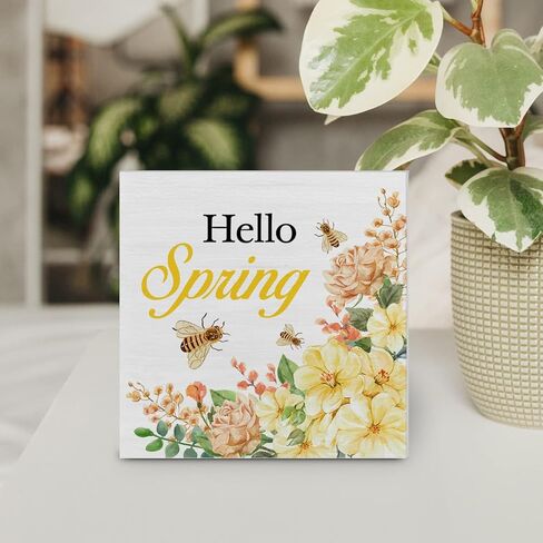 Country Farmhouse Spring Flowers Wood Box Sign Decor Desk Sign Floral Tulips Hello Spring Quote Wooden Box Block Sign Home Desk Shelf Décor in Saudi Arabia