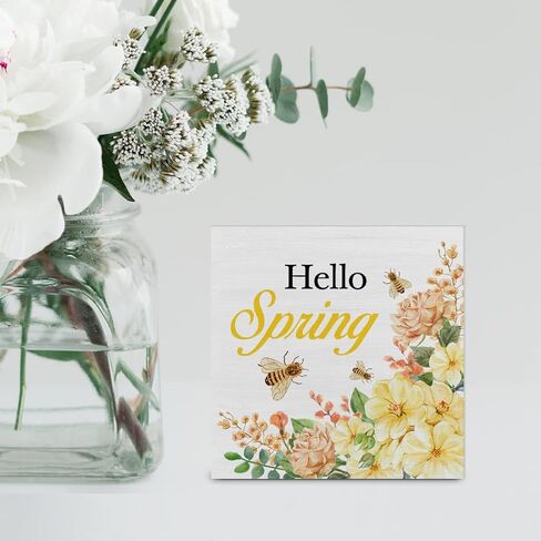 Country Farmhouse Spring Flowers Wood Box Sign Decor Desk Sign Floral Tulips Hello Spring Quote Wooden Box Block Sign Home Desk Shelf Décor in Saudi Arabia