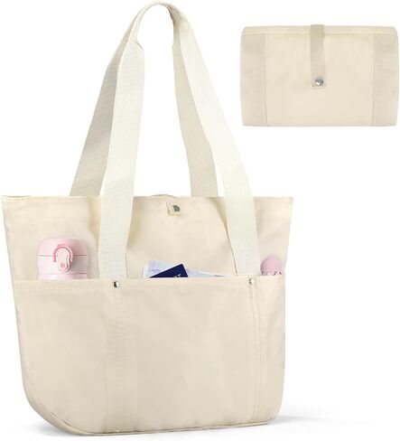 Foldable Tote Bag with Zipper for Women, 18L Nylon Lightweight Shoulder Handbag for Travel, Waterproof Beach Bag in Saudi Arabia