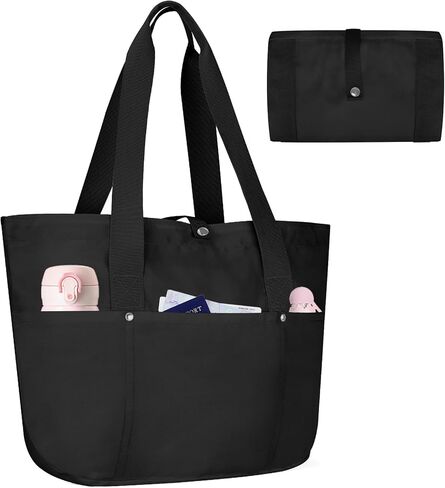 Foldable Tote Bag with Zipper for Women, 18L Nylon Lightweight Shoulder Handbag for Travel, Waterproof Beach Bag in Saudi Arabia