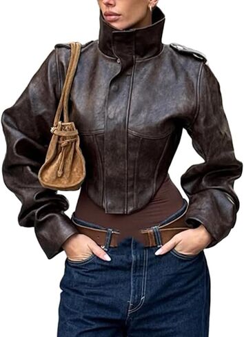 Molilove Women's Leather Jacket Cropped Vintage Zip Up Stand Collar Faux Leather Jacket Short Coat Fall Fashion Biker Jackets in Kuwait