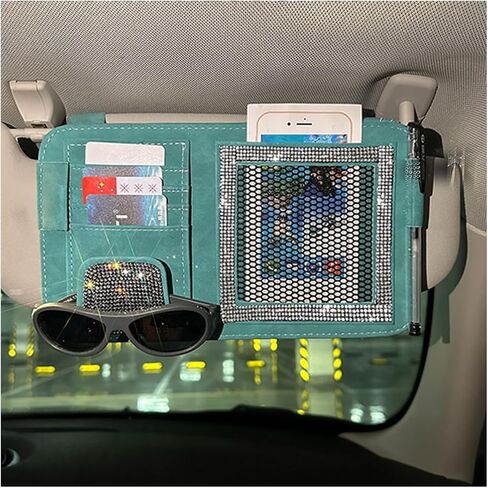 BESULEN Bling Car Sun Visor Organizer، متعدد الجيوب الكريستال حجر الراين الجلود تخزين حاجب الشمس للسيارة، الماس المتلألئ السيارات ظلة النظارات بطاقة حامل القلم، صالح العالمي (الأزرق) in Saudi Arabia