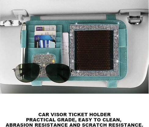 BESULEN Bling Car Sun Visor Organizer، متعدد الجيوب الكريستال حجر الراين الجلود تخزين حاجب الشمس للسيارة، الماس المتلألئ السيارات ظلة النظارات بطاقة حامل القلم، صالح العالمي (الأزرق) in Saudi Arabia