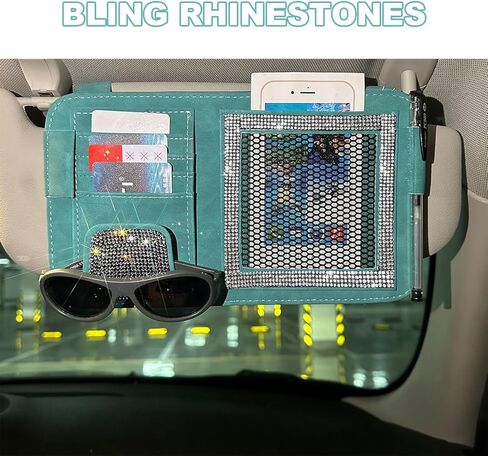 BESULEN Bling Car Sun Visor Organizer، متعدد الجيوب الكريستال حجر الراين الجلود تخزين حاجب الشمس للسيارة، الماس المتلألئ السيارات ظلة النظارات بطاقة حامل القلم، صالح العالمي (الأزرق) in Saudi Arabia