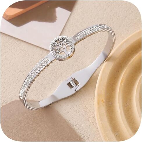 أساور مطلية بالذهب عيار 14 قيراط للنساء، أساور فضة عيار 925 مكعبة من الزركون على شكل شجرة الحياة للنساء، سوار ذهبي عصري مكتنز، هدايا مجوهرات بذراع مفصلية بسيطة (فضي) in Kuwait