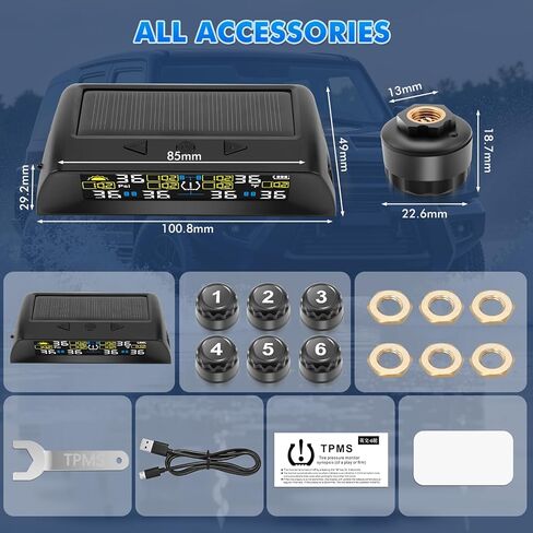 Tire Pressure Monitoring System RV Solar TPMS with 6 External sensors & 6 Alarm Auto Sleep Mode LCD Real-time Display for sedans SUV MPV Pickup Truck RV etc (0-144PSI) in Kuwait