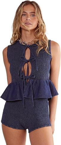 Nasty Gal Women's Shirred Chambray Tie Front Top in Saudi Arabia
