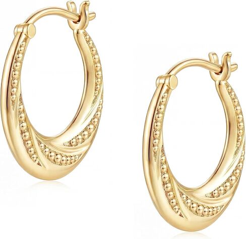 14K Gold Earrings for Women Gold Hoop Earrings for Women 14K Gold Hoop Earring for Womens Hoops Intricately Textured surface with Bead Details Hoops Earring for Womens 22/25mm in Saudi Arabia