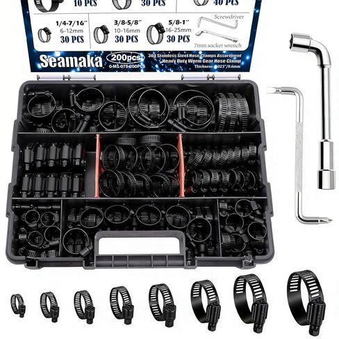 Hose Clamp Assortment 202PCS 304 Stainless Steel Hose Clamp Kit 1/4"–2"(6-51mm) Worm Gear Hose Clamps Heavy Duty Small Hose Clamps for Automotive Radiator Pipe,Plumbing,Fuel Line in Saudi Arabia