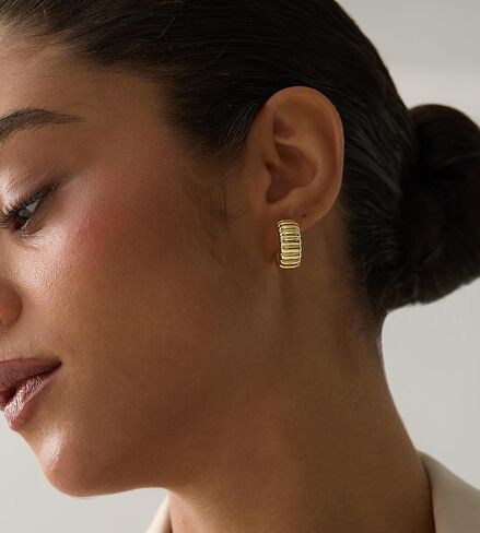 ASHINE أقراط دائرية مضلعة مكتنزة مضادة للحساسية للنساء - أقراط هاجي مطلية بالذهب عيار 14 قيراط أقراط كرواسون جريئة عصرية لارتداء العمل اليومي in Kuwait