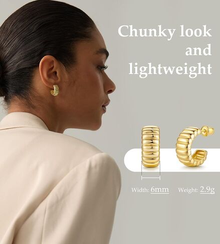 ASHINE أقراط دائرية مضلعة مكتنزة مضادة للحساسية للنساء - أقراط هاجي مطلية بالذهب عيار 14 قيراط أقراط كرواسون جريئة عصرية لارتداء العمل اليومي in Kuwait