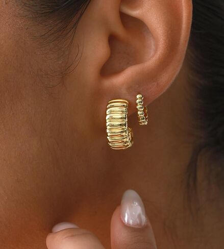 ASHINE أقراط دائرية مضلعة مكتنزة مضادة للحساسية للنساء - أقراط هاجي مطلية بالذهب عيار 14 قيراط أقراط كرواسون جريئة عصرية لارتداء العمل اليومي in Kuwait