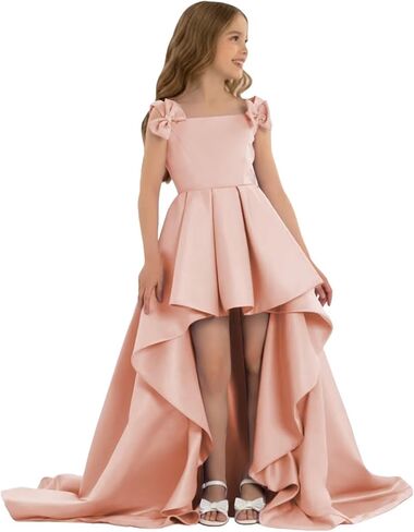 High Low Pageant Dress for Kids Sleeveless Flower Girl Dresses with Bow Satin A Line Formal Wedding Party Gown in Saudi Arabia