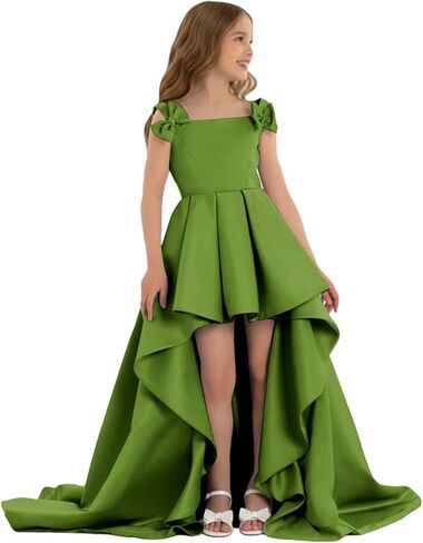 High Low Pageant Dress for Kids Sleeveless Flower Girl Dresses with Bow Satin A Line Formal Wedding Party Gown in Saudi Arabia