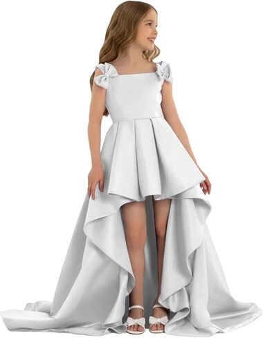 High Low Pageant Dress for Kids Sleeveless Flower Girl Dresses with Bow Satin A Line Formal Wedding Party Gown in Saudi Arabia