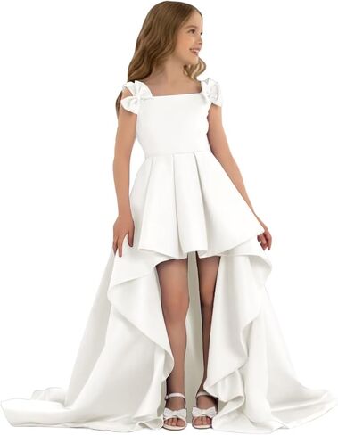 High Low Pageant Dress for Kids Sleeveless Flower Girl Dresses with Bow Satin A Line Formal Wedding Party Gown in Saudi Arabia