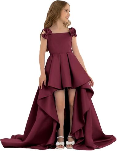 High Low Pageant Dress for Kids Sleeveless Flower Girl Dresses with Bow Satin A Line Formal Wedding Party Gown in Saudi Arabia