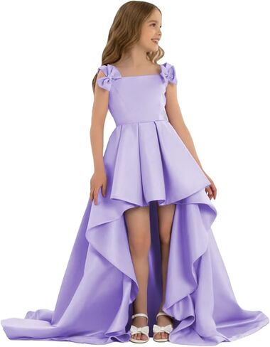 High Low Pageant Dress for Kids Sleeveless Flower Girl Dresses with Bow Satin A Line Formal Wedding Party Gown in Saudi Arabia