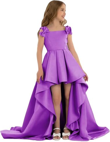 High Low Pageant Dress for Kids Sleeveless Flower Girl Dresses with Bow Satin A Line Formal Wedding Party Gown in Saudi Arabia