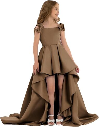 High Low Pageant Dress for Kids Sleeveless Flower Girl Dresses with Bow Satin A Line Formal Wedding Party Gown in Saudi Arabia