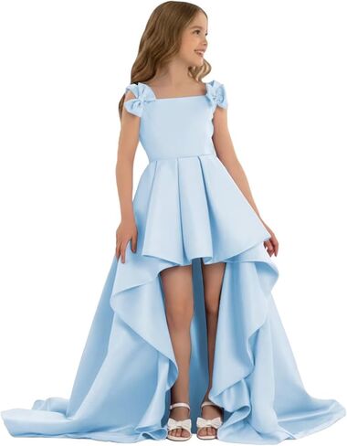 High Low Pageant Dress for Kids Sleeveless Flower Girl Dresses with Bow Satin A Line Formal Wedding Party Gown in Saudi Arabia