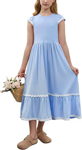 QPANCY Girls Summer Maxi Dress Sleeveless with Pockets Contrast Wave Trim Casual Long Midi Soft Flowy Beach Party Dresses in Saudi Arabia