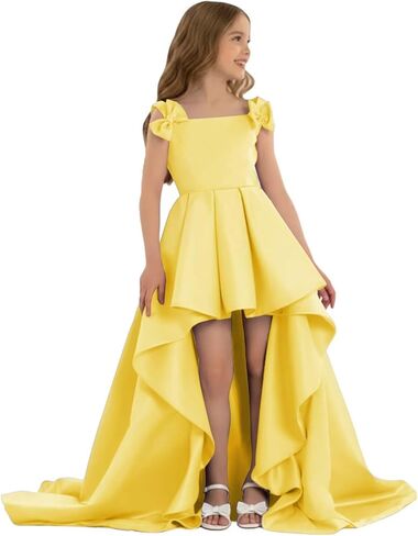 High Low Pageant Dress for Kids Sleeveless Flower Girl Dresses with Bow Satin A Line Formal Wedding Party Gown in Saudi Arabia