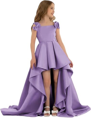High Low Pageant Dress for Kids Sleeveless Flower Girl Dresses with Bow Satin A Line Formal Wedding Party Gown in Saudi Arabia