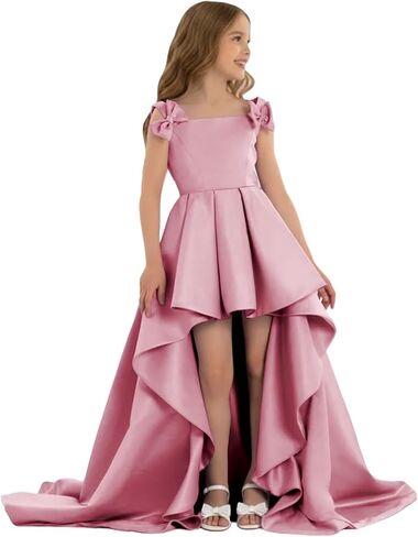 High Low Pageant Dress for Kids Sleeveless Flower Girl Dresses with Bow Satin A Line Formal Wedding Party Gown in Saudi Arabia