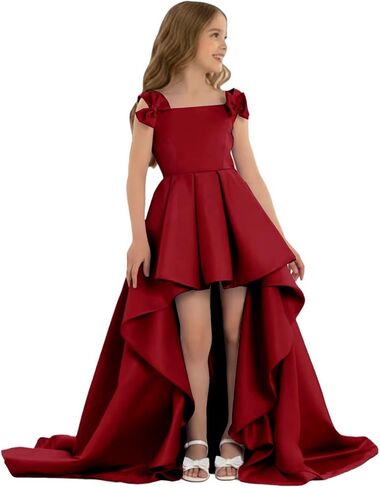 High Low Pageant Dress for Kids Sleeveless Flower Girl Dresses with Bow Satin A Line Formal Wedding Party Gown in Saudi Arabia
