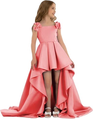 High Low Pageant Dress for Kids Sleeveless Flower Girl Dresses with Bow Satin A Line Formal Wedding Party Gown in Saudi Arabia