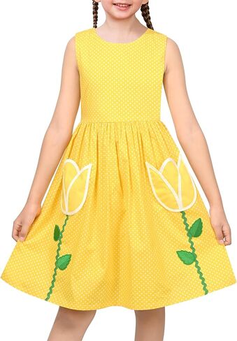 Sunny Fashion Girls Dress Red Polka Dot Pocket Floral Summer Casual Cotton in Saudi Arabia