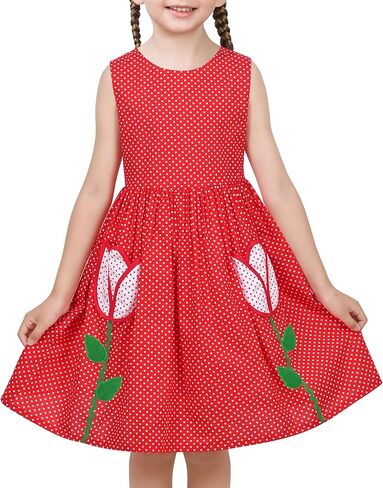 فستان بناتي من Sunny Fashion بجيب منقط باللون الأحمر وزهور صيفي كاجوال من القطن in Kuwait