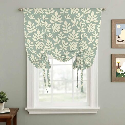 Flower Floral Tie Up Curtains for Window, Green Grey Silhouette Nature Patterns Thermal Insulated Balloon Shade Adjustable Rod Pocket Curtains Valance Panels for Kitchen Bathroom Café 52'' x 63'' in Saudi Arabia