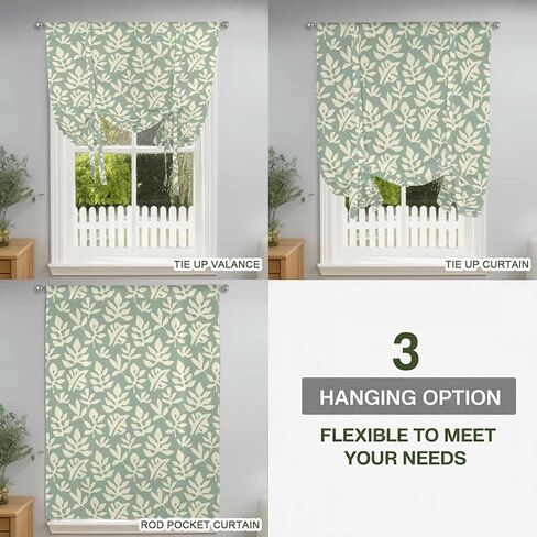 Flower Floral Tie Up Curtains for Window, Green Grey Silhouette Nature Patterns Thermal Insulated Balloon Shade Adjustable Rod Pocket Curtains Valance Panels for Kitchen Bathroom Café 52'' x 63'' in Saudi Arabia