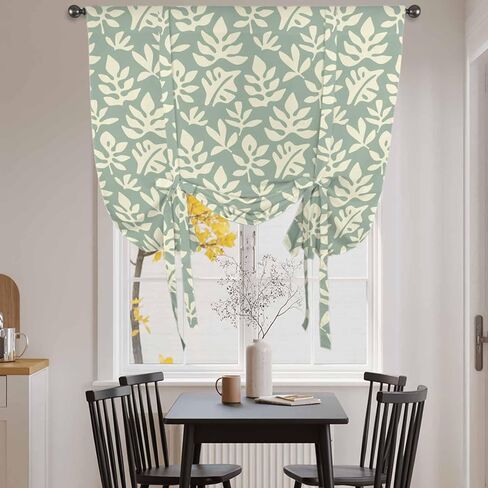 Flower Floral Tie Up Curtains for Window, Green Grey Silhouette Nature Patterns Thermal Insulated Balloon Shade Adjustable Rod Pocket Curtains Valance Panels for Kitchen Bathroom Café 52'' x 63'' in Saudi Arabia
