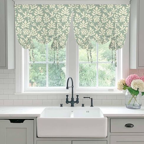 Flower Floral Tie Up Curtains for Window, Green Grey Silhouette Nature Patterns Thermal Insulated Balloon Shade Adjustable Rod Pocket Curtains Valance Panels for Kitchen Bathroom Café 52'' x 63'' in Saudi Arabia