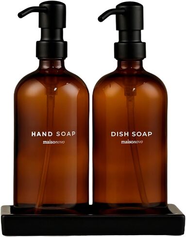 مضخات زجاجة سوداء من ميسونوفو × 2 مع صينية خرسانية | 2 زجاجة صابون يد مطبوعة 16 أونصة in Kuwait