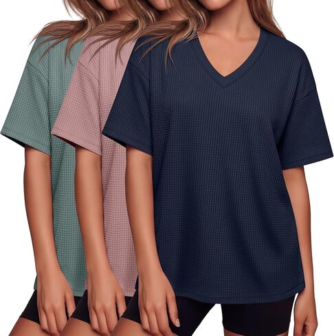3 Pack Women Oversized T Shirts Waffle V Neck Half Sleeve Loose Fit Tees Summer Lounging Baggy Tops for Home in Saudi Arabia